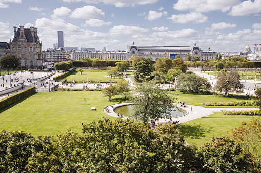 Paris, France - August 20, 2022: Jardin des Tuileries from above