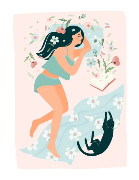 Vector illustration of Pretty woman sleeping in bed. Self care, self love, harmony. Isolated illustration.