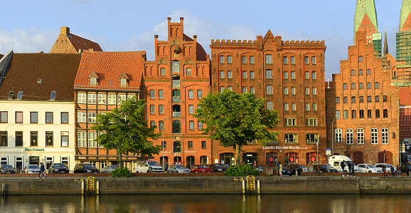 Luebeck, Germany, (German: Lübeck). Historic houses on the waterfront in the old town. UNESCO World Heritage Site