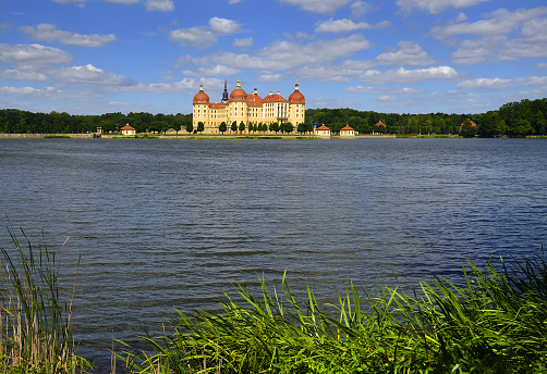 Trakai, Lithuania - August 10, 2019: Aerial view of Trakai Island Castle located on lake Galvė. The build has started in 14th century and was finished about 1409. It is very popular tourist destination in Lithuania.