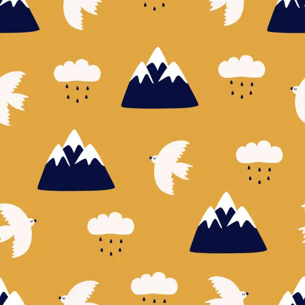 Vector illustration of Rain clouds, mountains and white swallows hand drawn vector illustration. Adorable sky birds and snow hills spring seamless pattern for kids fabric or wallpaper.