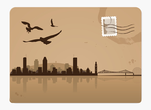 Retro postcard of Montreal with cityscape, bird silhouettes and an old postage stamp