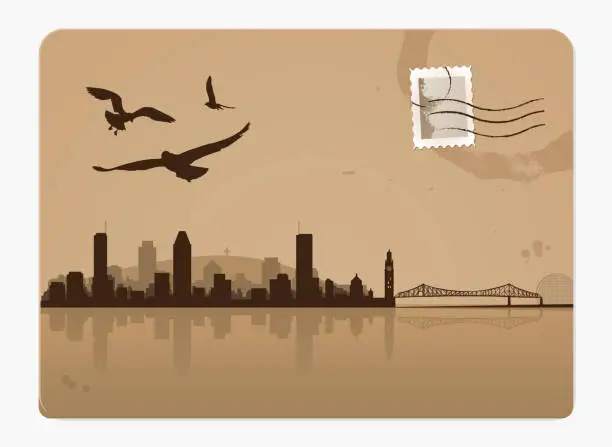 Vector illustration of Retro postcard of Montreal with cityscape and old postage stamp