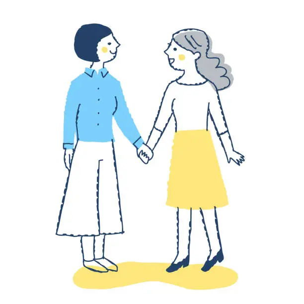 Vector illustration of Two young women holding hands looking at each other