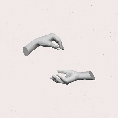 Hand to Hand. Abstract Imitation of Michelangelo's the Creation of Adam. God and Adam Hands on a white background. 3d Rendering
