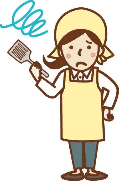 Vector illustration of A woman in an apron with a spatula and a troubled expression.