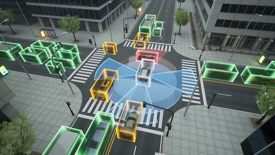 Autonomous car self driving on city street, Smart vehicle technology concept, 3d render