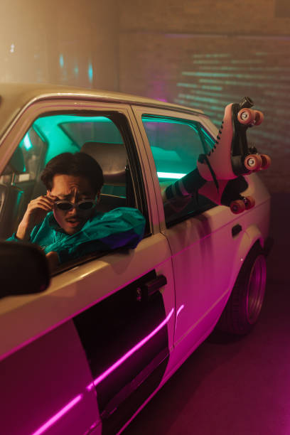 istock Retro couple in vintage car. 1485121689