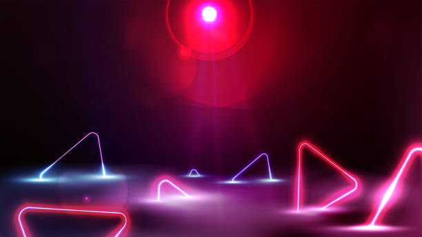 istock Empty red scene with neon blue and pink triangles around in fog 1485122236
