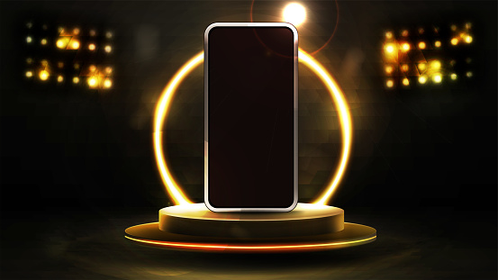 Smartphone on realistic empty gold podium floating in the air with gold neon ring on background and spotlights