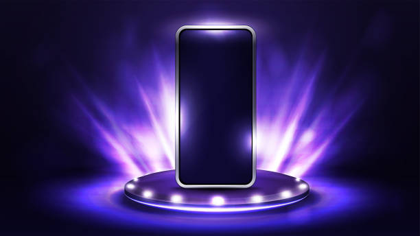istock Smartphone on violet podium for product presentation with spotlights, 3d realistic vector illustration. 1485122753