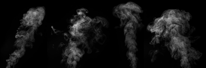 A set of 4 different steam, smoke, gas isolated on a black background. Swirling, writhing smoke to overlay on your photos. Smoky banner