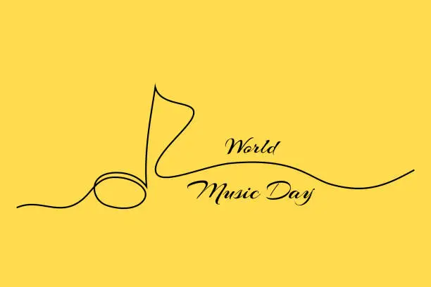 Vector illustration of Vector illustration of a single line drawing of a note and the inscription World Music Day. Music day logo concept with note.