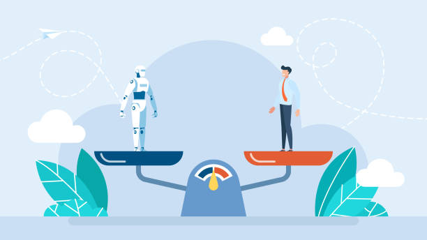 Balance scales human vs robot. Competition concept artificial intelligence digital technology. Robot standing on the scale and equal to businessman. Artificial intelligence robot. Vector illustration Balance scales human vs robot. Competition concept artificial intelligence digital technology. Robot standing on the scale and equal to businessman. Artificial intelligence robot. Vector illustration business person one man only blue standing stock illustrations