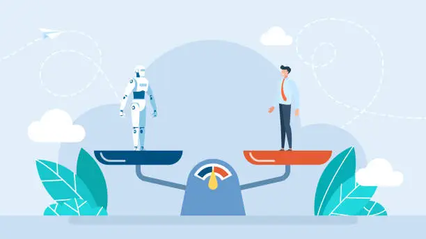 Vector illustration of Balance scales human vs robot. Competition concept artificial intelligence digital technology. Robot standing on the scale and equal to businessman. Artificial intelligence robot. Vector illustration
