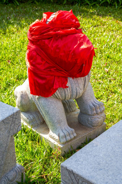 um leão de pedra novo com uma cabeça de leão envolta em pano vermelho - sculpture horse bronze china - fotografias e filmes do acervo