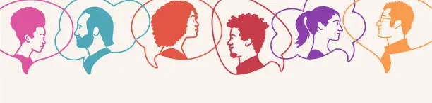 Vector illustration of Speech bubble. Silhouette heads people in profile.