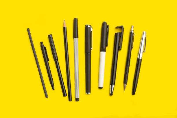 Close up of school supplies. School supplies, stationery accessories. Automatic ballpoint pen.