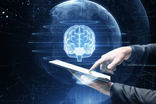 istock Close up of businessman hand using cellphone with creative glowing polygonal brain sphere hologram on blurry background. Neurology research, artificial intelligence concept. Double exposure. 1485130206