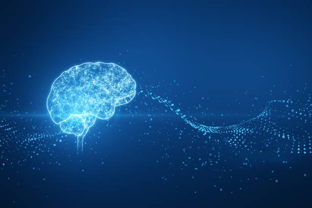 istock Creative glowing polygonal brain hologram on blurry blue background. Neurology research, artificial intelligence concept. 3D Rendering. 1485130480