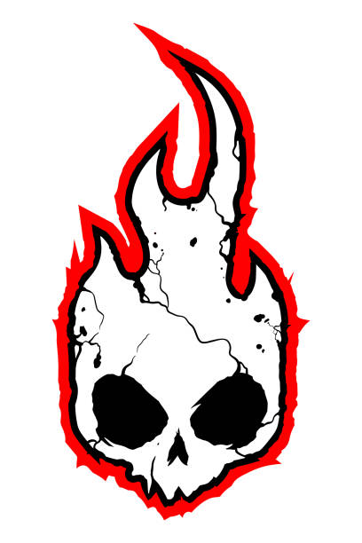 istock Burning skull on fire. Skull icon illustration. Goth design for prints. Comic style. Sticker for Horror or Halloween. Hand drawing illustration 1485131342