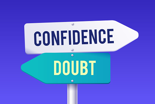 Confidence and doubt arrow choice direction options signs.