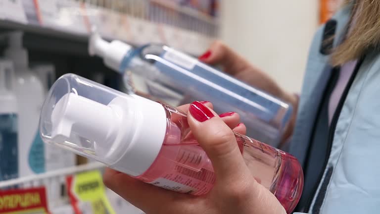 A young woman selects ethical body care creams in a supermarket.