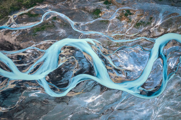 Natural icelandic glacier river melting pattern texture in summer among icelandic highlands stock photo