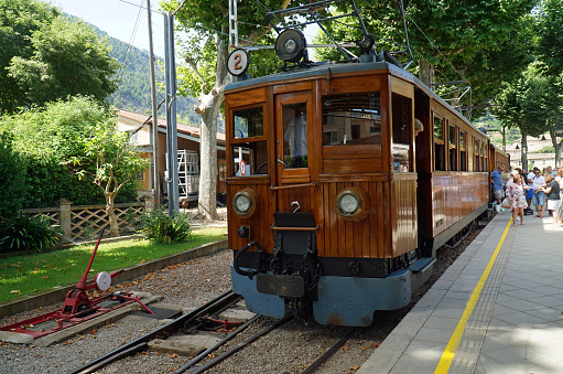 Soller, Mallorca, Spain - June 16, 2022: Vintage  Electric Train at Soller Mallorca Spain.