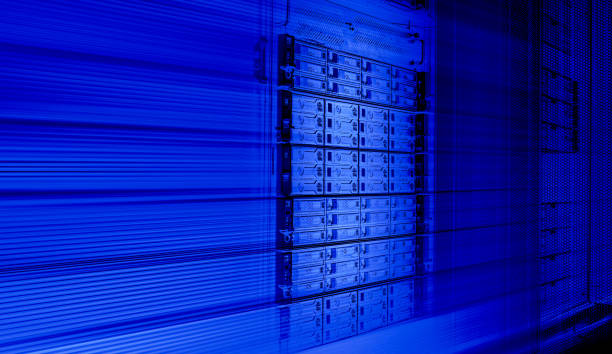 istock 3D render Shot of Dark Data Center With Multiple Rows of Fully Operational Server Racks. Modern Telecommunications, Cloud Computing, 1485134718