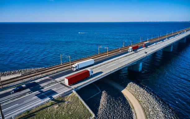 istock Red truck on highway bridge 1485135694