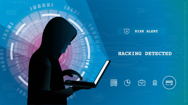 Hacker using computer on an abstract hacking detected security breach background vector art illustration