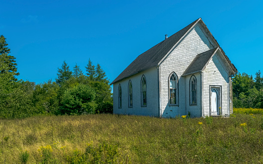 Abandoned church that has seen better days in rural countryside of Nova Scotia.