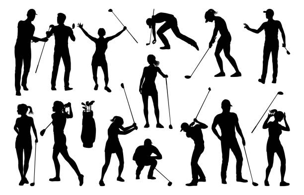 ilustraciones, imágenes clip art, dibujos animados e iconos de stock de golfer golf deportes gente silueta set - swing child silhouette swinging