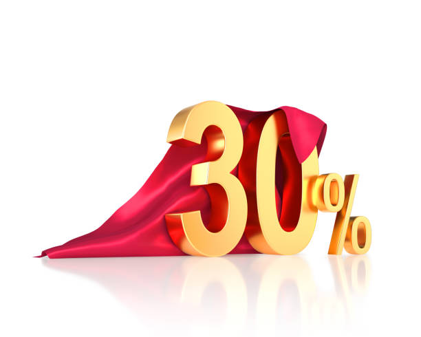 Golden text 30 percent 3D symbol under the half-visible red cover stock photo