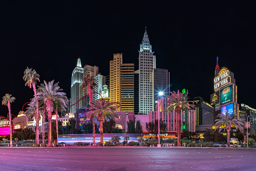 October 18, 2018 - Las Vegas, United States:  Panoramic aerial view of Luxury Hotels in Las Vegas strip at dusk: Paris, Venitian, Palazzo, Bellagio and many other luxury casino resorts in the heart of Las Vegas and the fountains of Bellagio Hotel