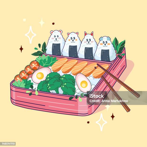 Bento Box In Kawaii Style Cute Colorful Illustration Japanese Food In A Lunch  Box Anime And Chibi Vector Stock Illustration - Download Image Now - iStock