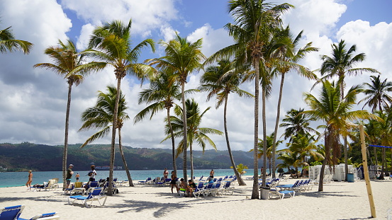 Dominican Republic April 2023, Tourists enjoy the beautiful beach on the island of Cayo Levantado in  Samana Bay