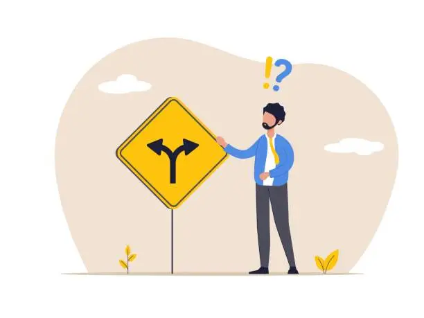 Vector illustration of Determination or thinking to find solution concept. Decision to choose pathway, alternative or choice. Person ponders in front of a road sign with directions. Isolated vector illustration.