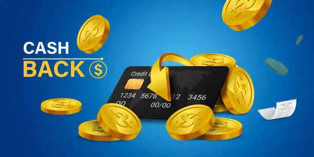Vector illustration of Cash back, money saving vector concept with dollar coins, wallet, arrows, credit card.Guarantee bonus program finance sticker.