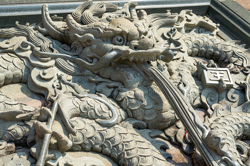 Close-up of coiled floating cloud dragon relief of traditional Chinese architecture