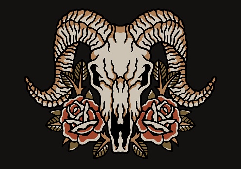Digital Drawing inspired by the tattoo art style on black background goat skull with horns and red roses on black background