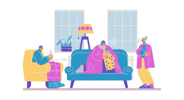 stockillustraties, clipart, cartoons en iconen met people freezing and shivering from cold at home, flat vector illustration isolated on white background. cold temperature inside, broken central heating. characters in blankets drinking hot drinks. - central heating