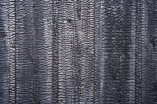 A flat surface exterior wall of burned wooden planks.