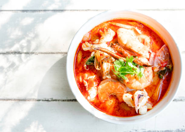 istock Famous food in Thailand. Tom Yum Kung on table with copy space 1485149698