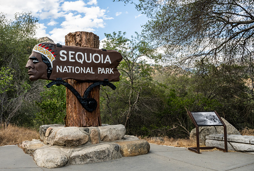 Sequoia National Park, United States: June 12, 2022: Sequoia National Park Welcome Sign With Historical Marker To The Right