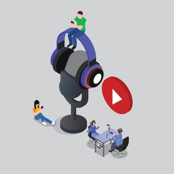 Vector illustration of People recording and listening to podcast audio 3d isometric