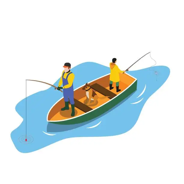 Vector illustration of Father, son and their dog fishing in summer