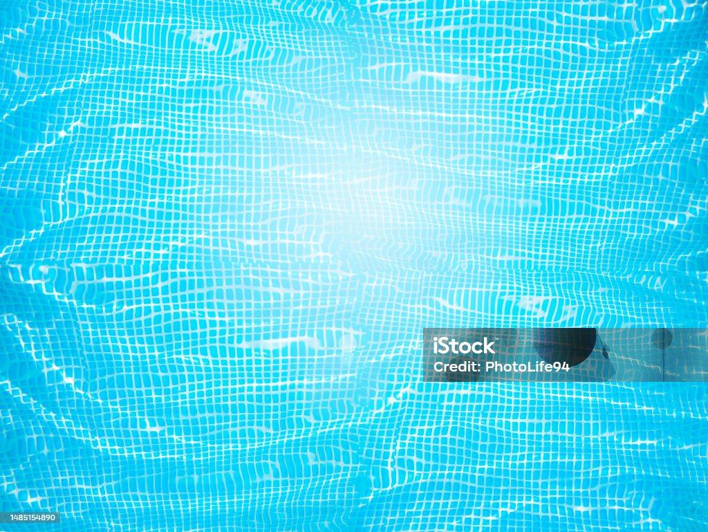 Blue pool water with sunlight reflection - abstract background Blue pastel ceramic pool floor tiles with water waves. Design geometric mosaic texture of the swimming pool. Seamless pattern for backdrop advertising banner poster or web. Copy space Poster Stock Photo