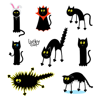 Black cats poses. Cat in a rabbit hat, Dracula Cat, wet and frightened cat, shocked cat cartoon vector illustration. Character design